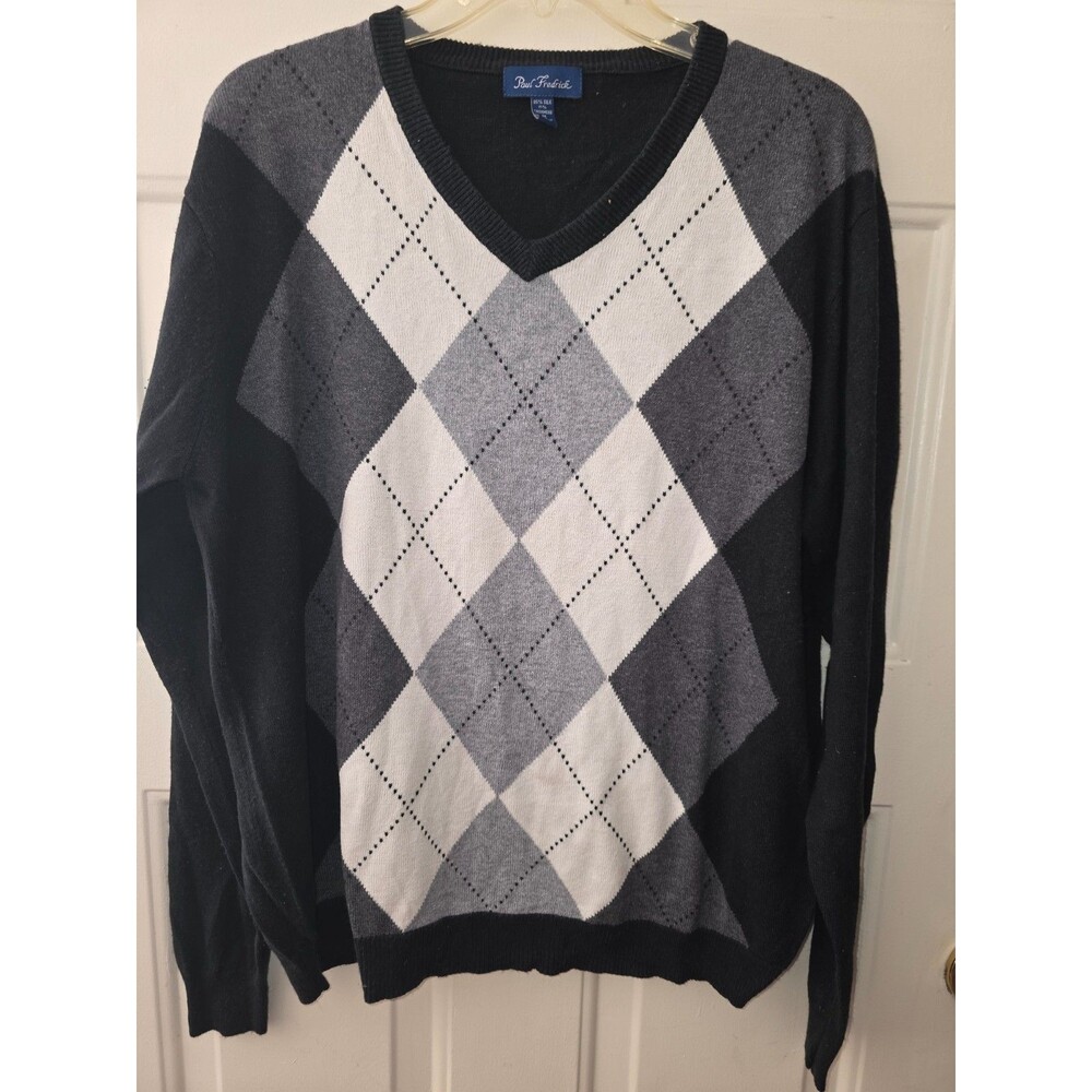 Paul Frederick Sweater Silk Cashmere V-Neck Sz Med Black & White Argyle